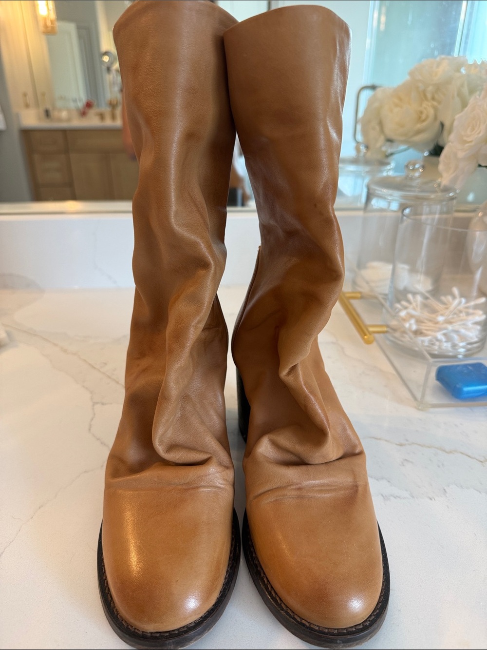 Free People Cognac Slouchy Mid-Calf Leather Heeled Boots